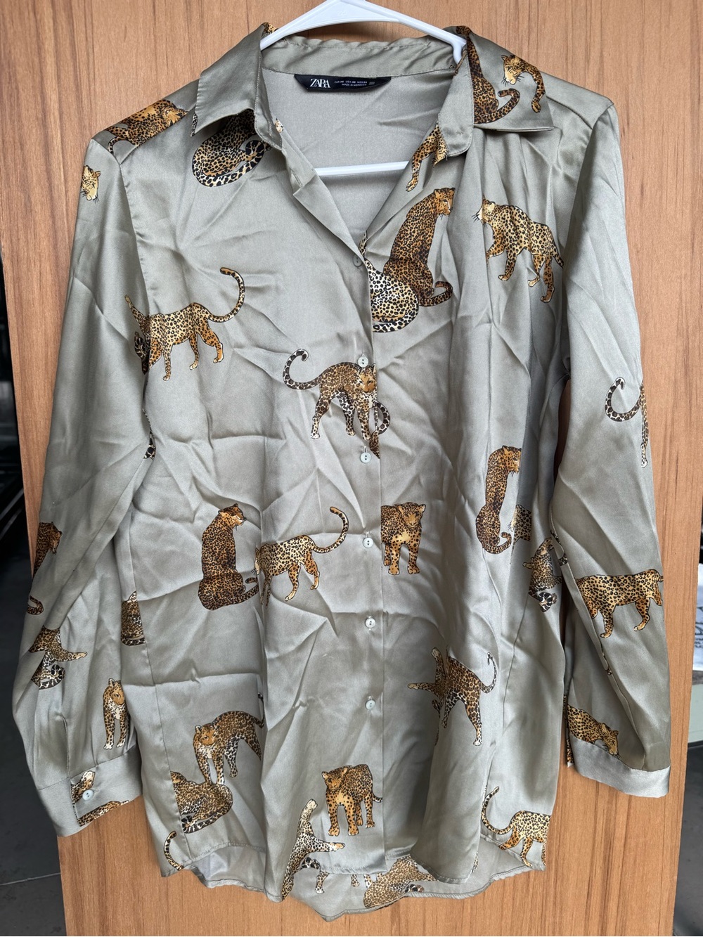 Zara Olive Green Satin Button Down Shirt with Leopard Print